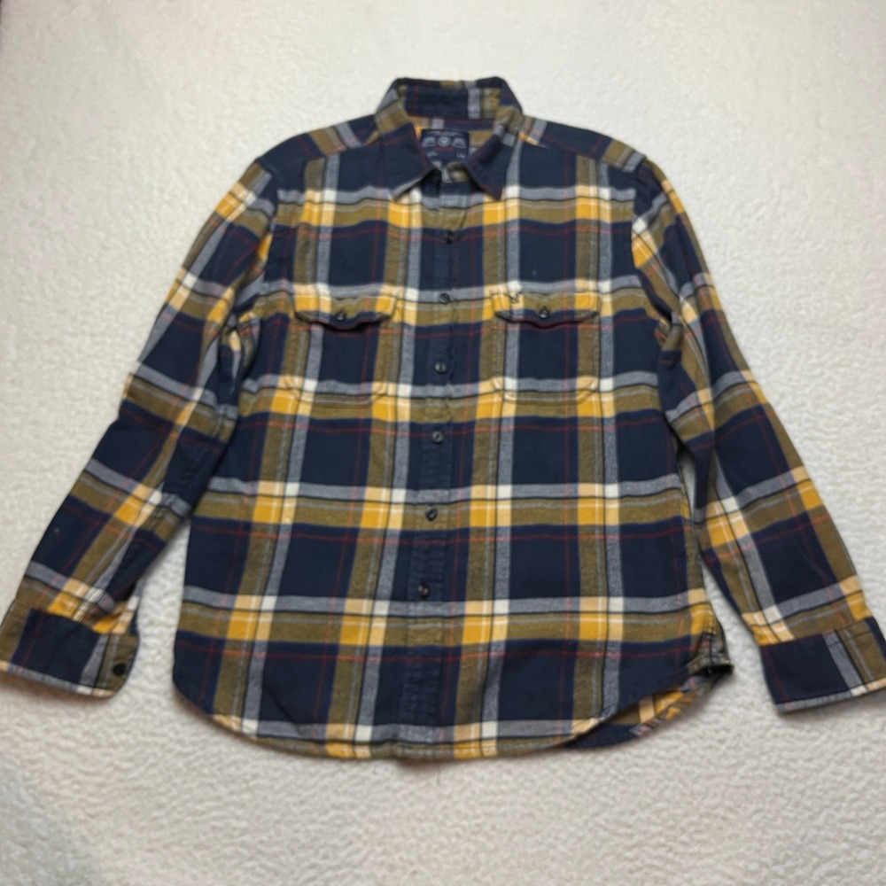 American Eagle Flannel Shirt Mens L Yellow Navy Plaid Athletic Fit Button Down - Picture 2 of 10